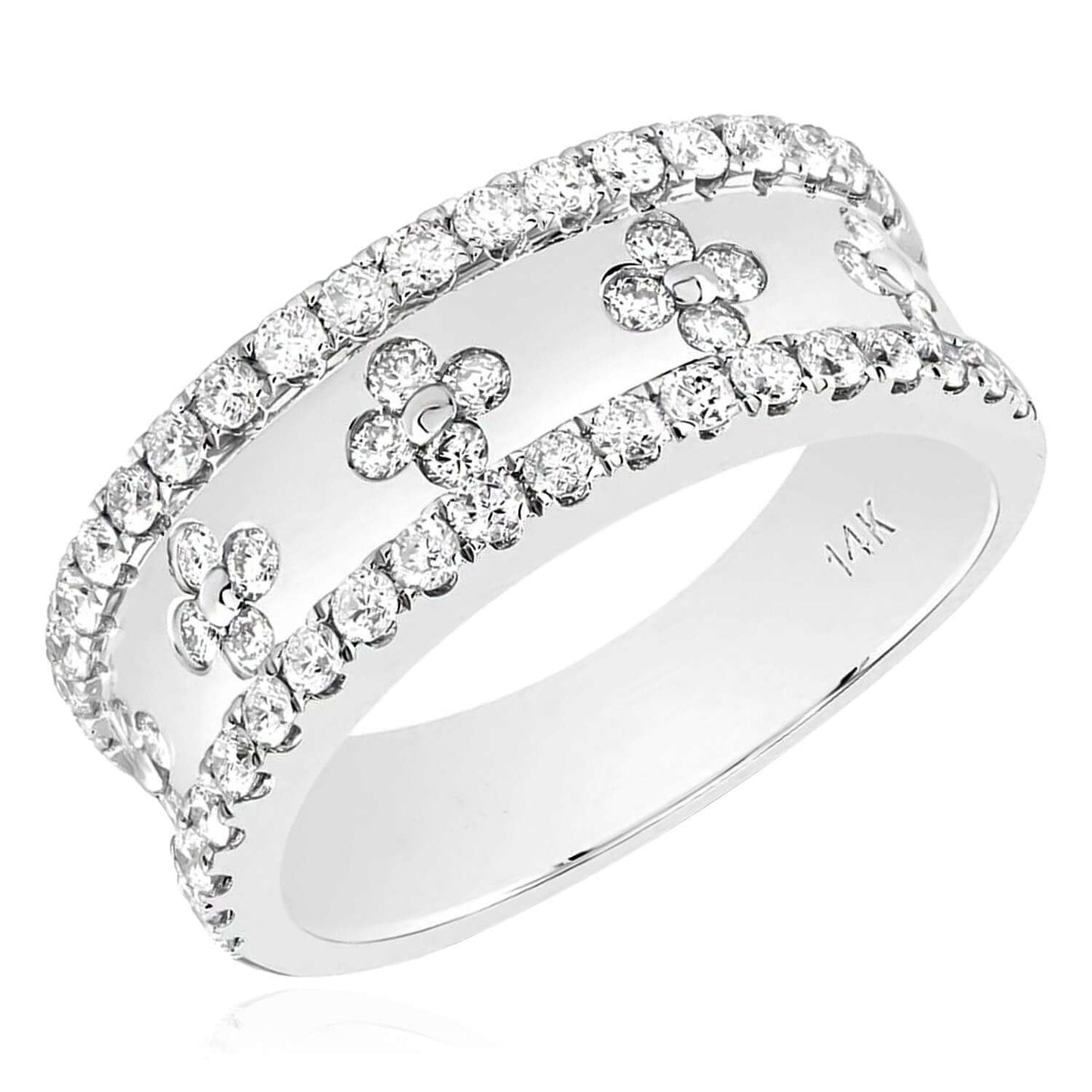 0.85CTW Real Diamond Real 14k White Gold Clover Cocktail Ring, 8mm