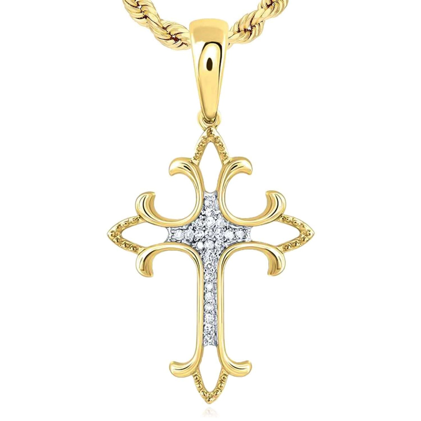 0.08CTW Real Diamond Real 10K Gold Fleur-De-Lis Cross Pendant, 1.38"