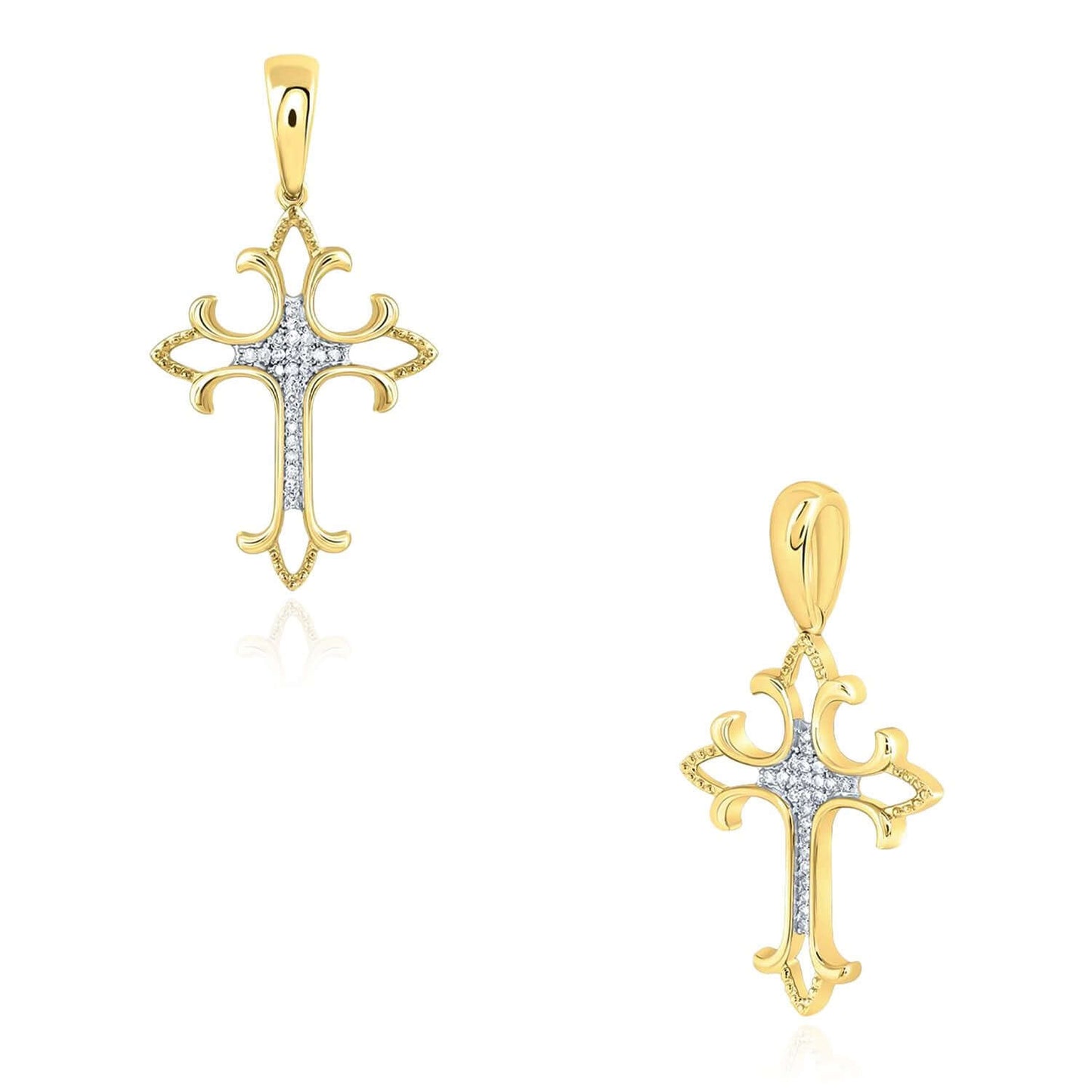 0.08CTW Real Diamond Real 10K Gold Fleur-De-Lis Cross Pendant, 1.38"