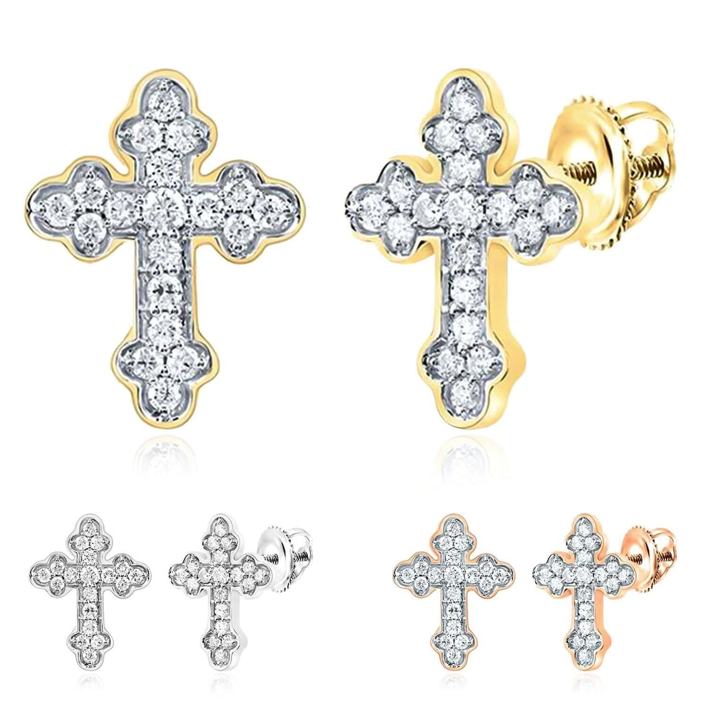 0.20CTW Real Diamond Real 10K Gold Cross Stud Earrings – Yellow, White, Rose