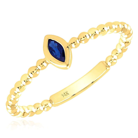 Blue Sapphire 14K Yellow Gold Sideways Marquise Popcorn Beaded Stackable Band Ring