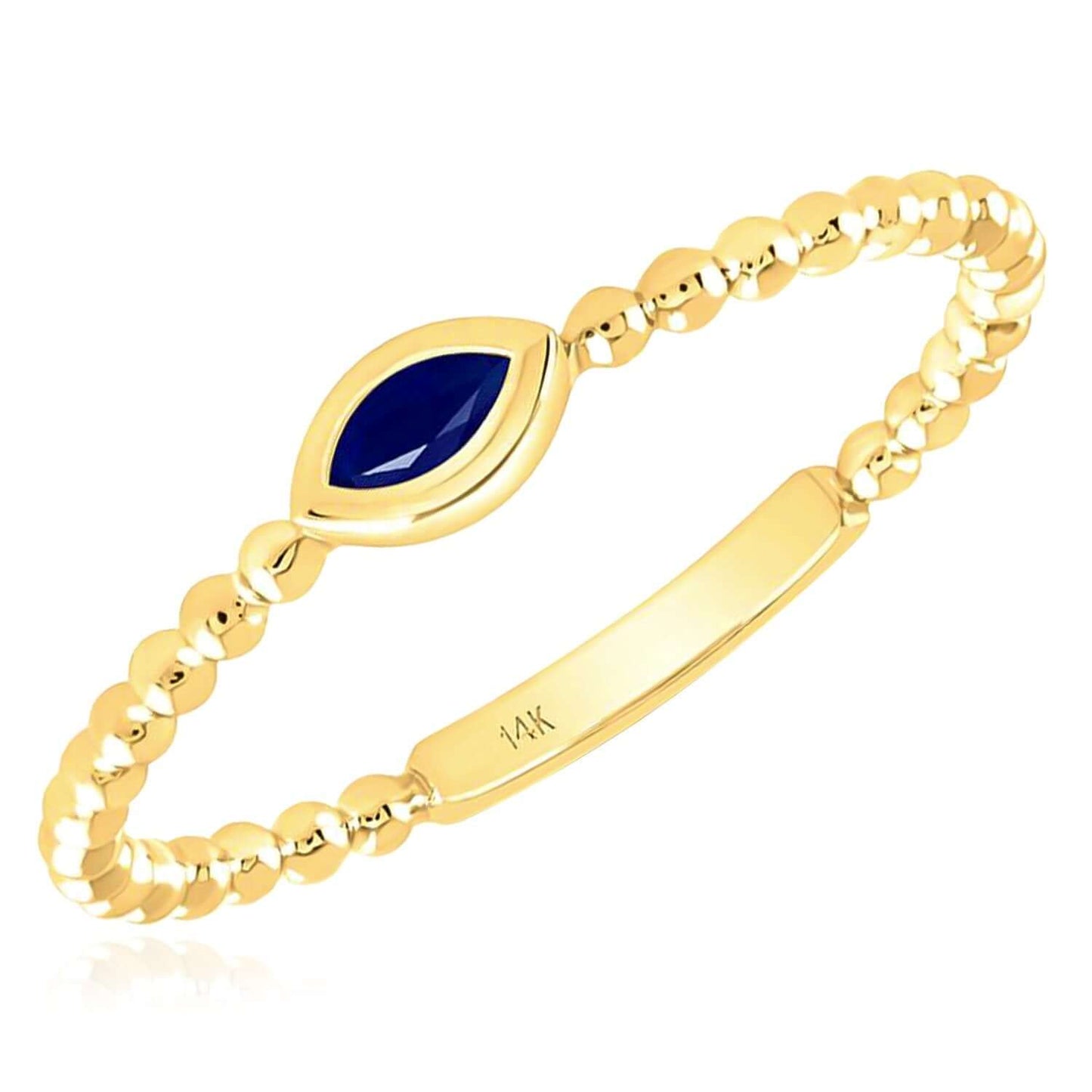 Natural Blue Sapphire Real 14K Gold Marquise Popcorn Beaded Stackable Band Ring