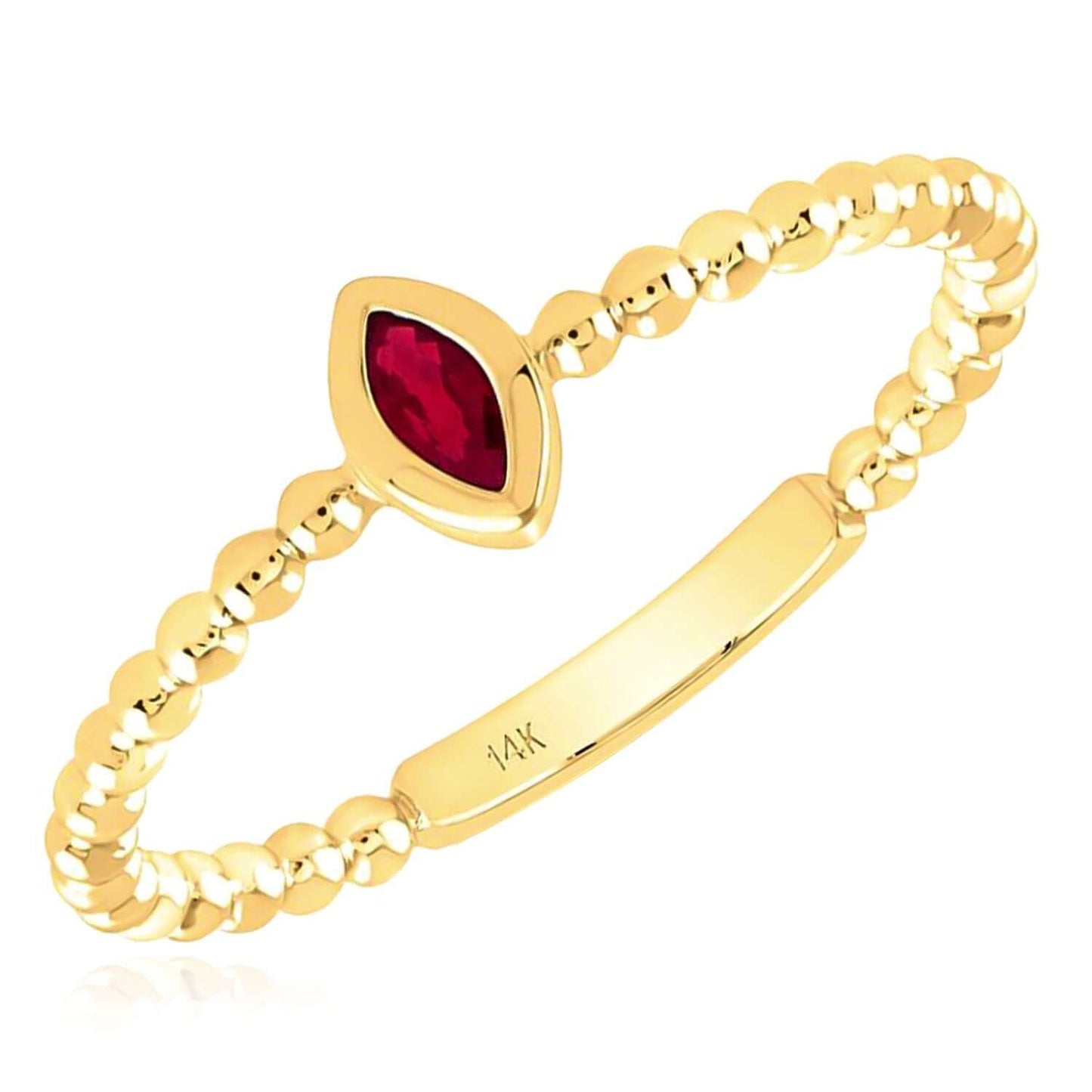 Natural Ruby Real 14K Gold Sideways Marquise Popcorn Beaded Stackable Band Ring
