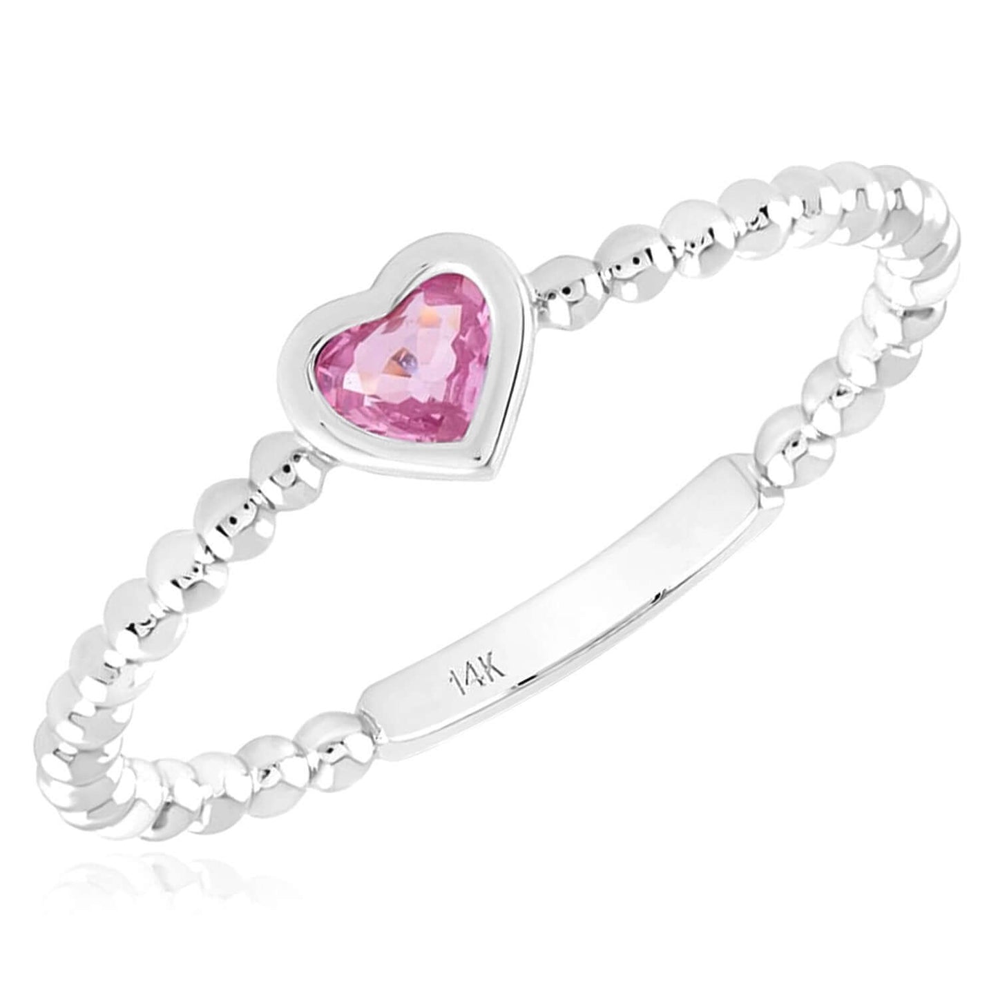 0.20CT Natural Pink Sapphire 14K White Gold Beaded Heart Stackable Band Ring