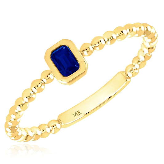 Natural Blue Sapphire Real 14K Gold Beaded Emerald-Cut Stackable Band Ring