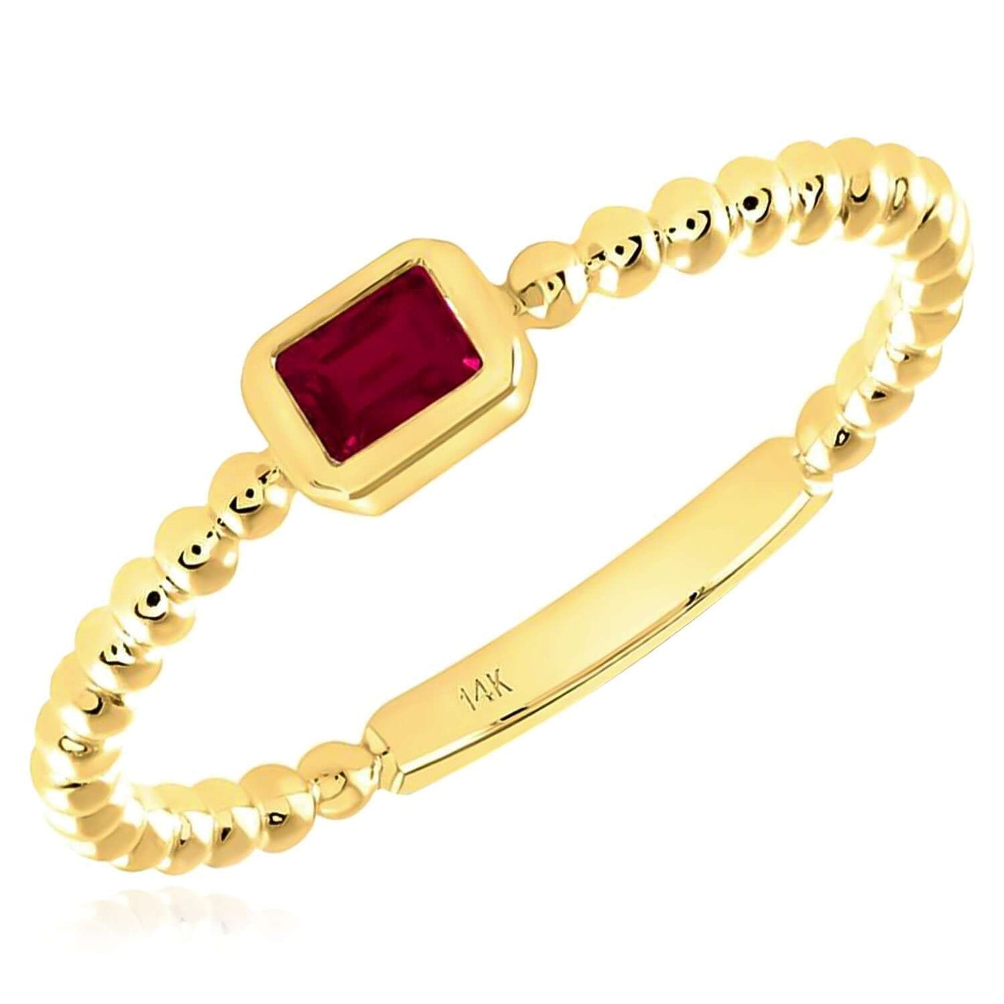 0.15CT Natural Red Ruby Real 14K Gold Beaded Emerald-Cut Stackable Band Ring