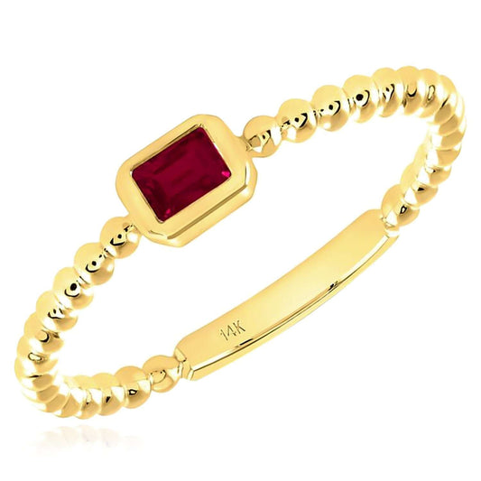 0.15CT Natural Red Ruby 14K Yellow Gold Beaded Emerald-Cut Stackable Band Ring