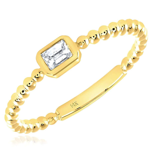 0.15CT Natural Diamond Real 14K Gold Beaded Emerald-Cut Stackable Band Ring