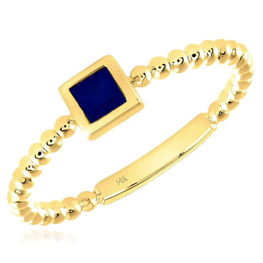 0.15CT Natural Blue Sapphire Real 14K Gold Beaded Square-Cut Stackable Band Ring
