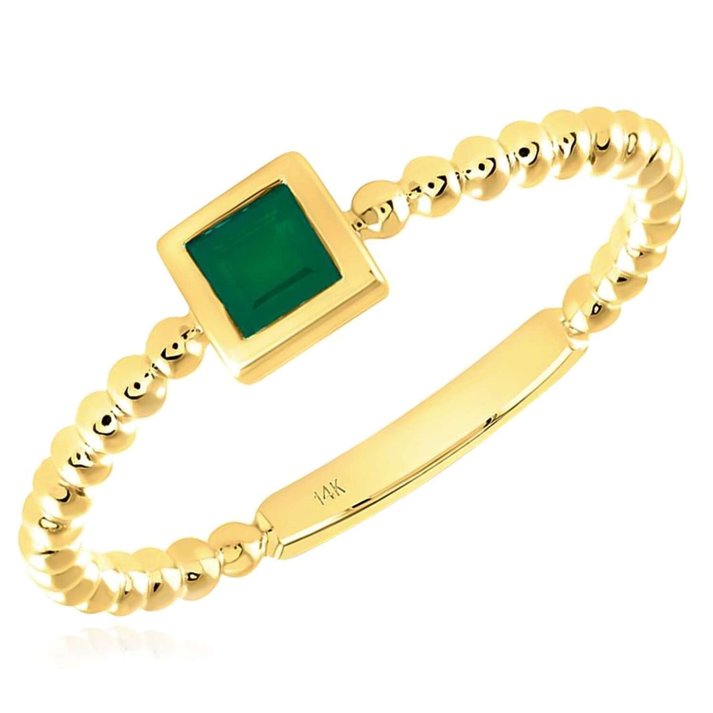 0.15CT Natural Green Emerald Real 14K Gold Beaded Square-Cut Stackable Band Ring
