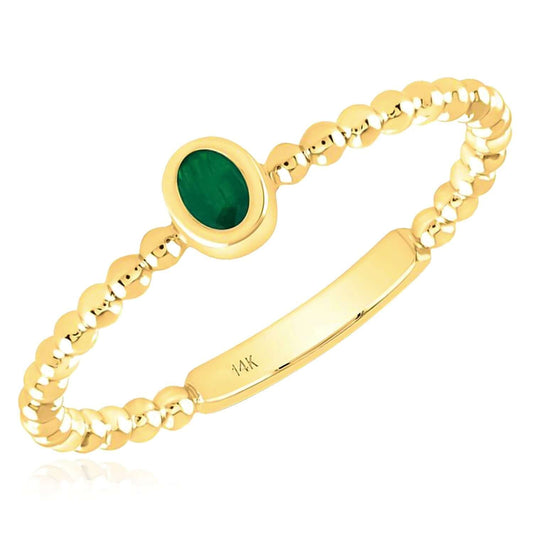Natural Green Emerald Real 14K Gold Beaded Sideways Oval Stackable Band Ring