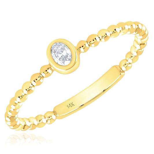 0.08CT Natural Diamond Real 14K Gold Beaded Sideways Oval Stackable Band Ring