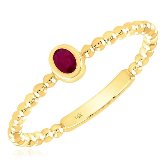 0.08CT Natural Red Ruby Real 14K Gold Beaded Sideways Oval Stackable Band Ring