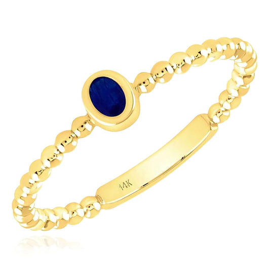 Natural Blue Sapphire Real 14K Gold Beaded Sideways Oval Stackable Band Ring