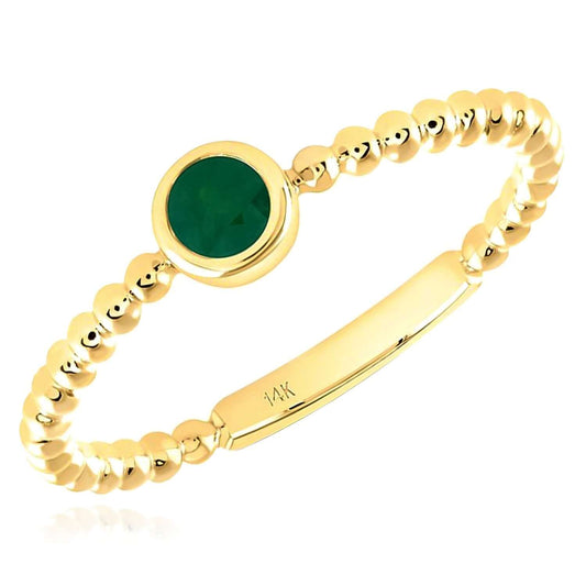 0.15CT Natural Green Emerald Real 14K Gold Beaded Round-Cut Stackable Band Ring