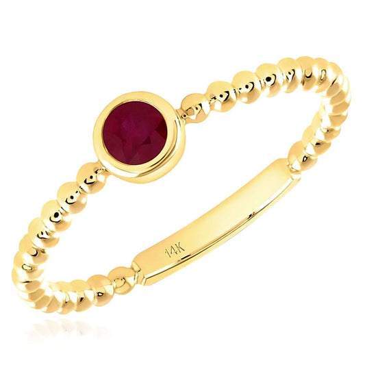 0.15CT Natural Red Ruby Real 14K Gold Beaded Round-Cut Stackable Band Ring