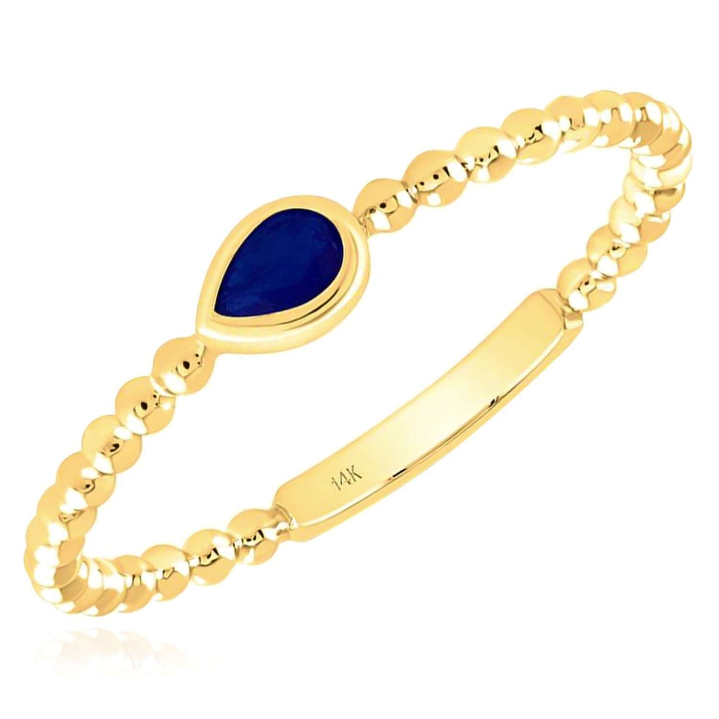 0.08CT Natural Blue Sapphire Real 14K Gold Beaded Pear-Cut Stackable Band Ring
