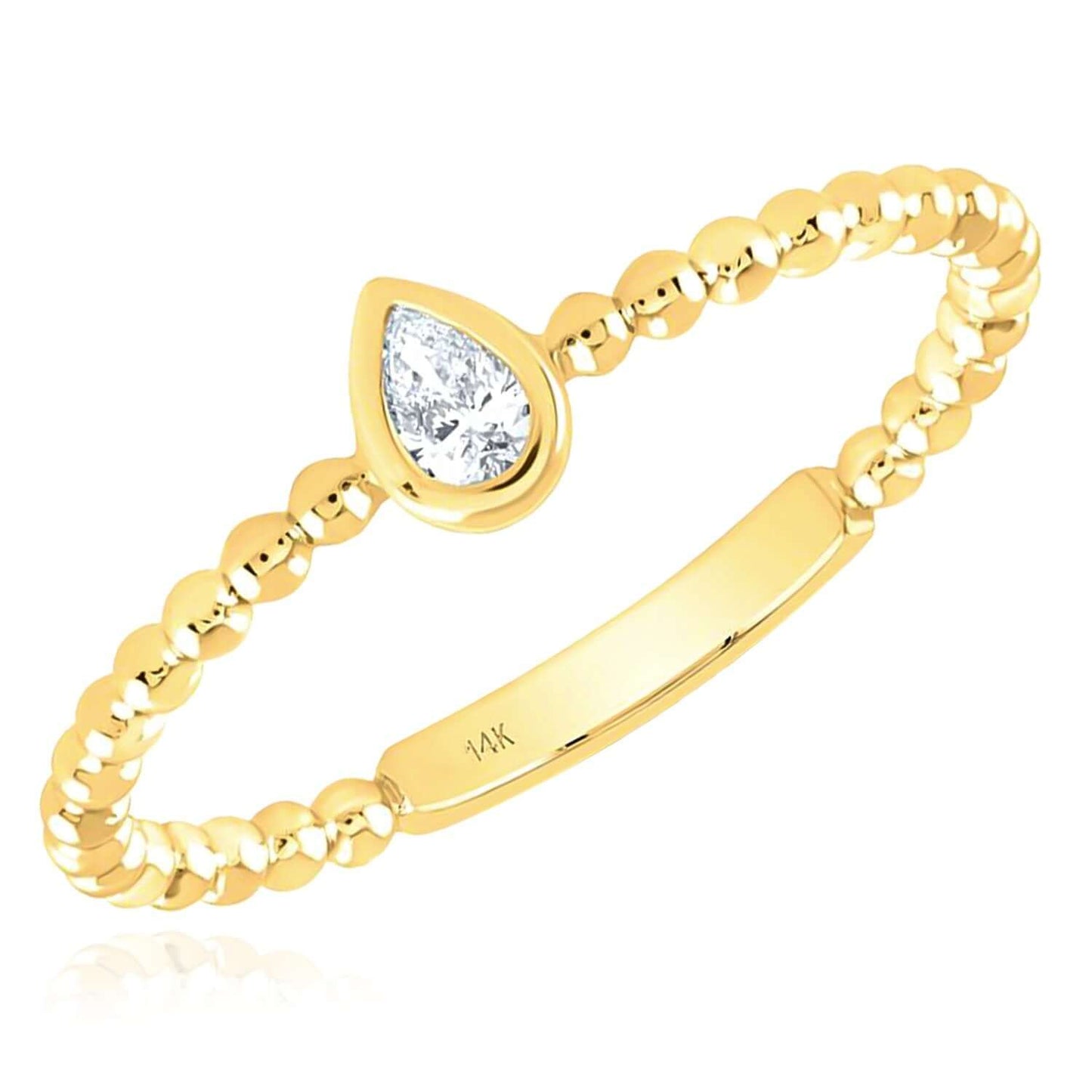 Natural Diamond Real 14K Gold Beaded Sideways Teardrop Stackable Band Ring