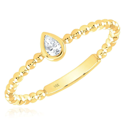 Natural Diamond Real 14K Gold Beaded Sideways Teardrop Stackable Band Ring