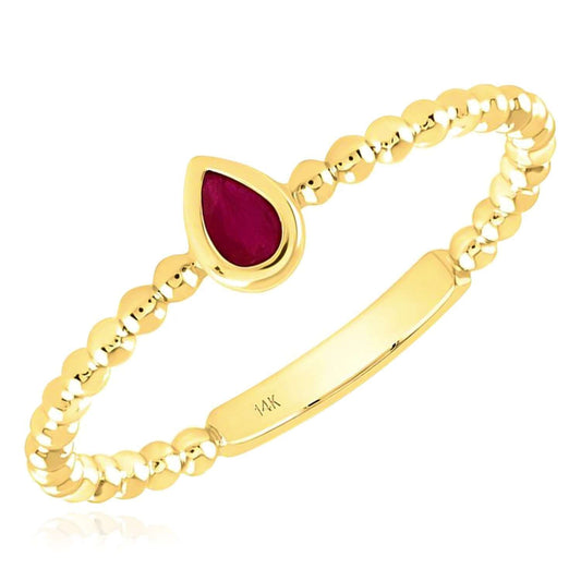 Natural Red Ruby Real 14K Gold Beaded Sideways Teardrop Stackable Band Ring