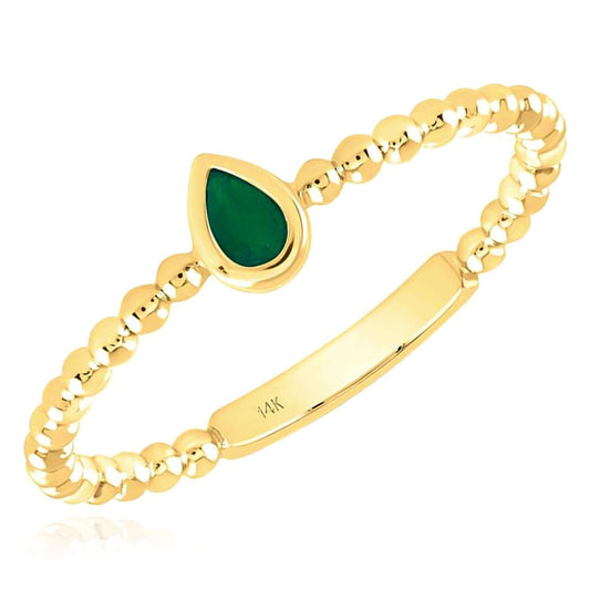 Natural Green Emerald Real 14K Gold Beaded Sideways Teardrop Stackable Band Ring