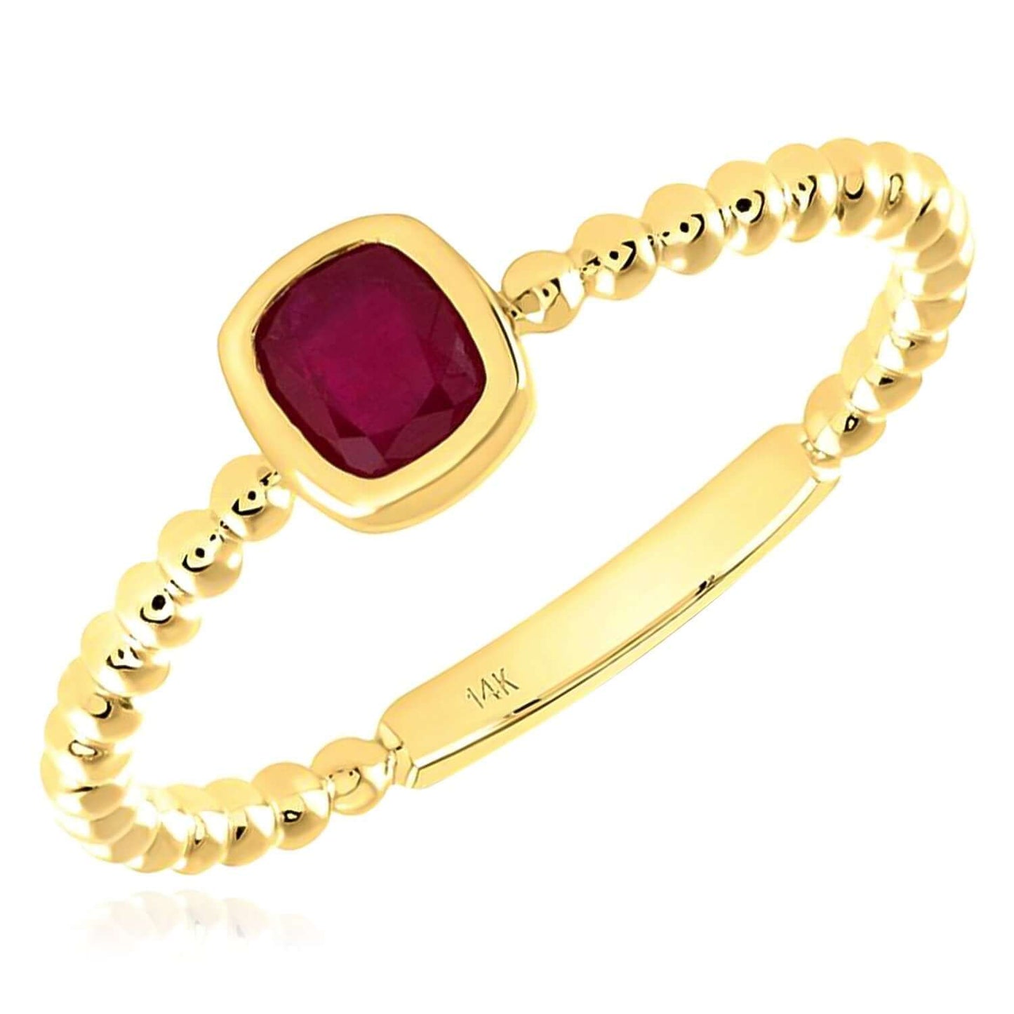 0.15CT Natural Red Ruby Real 14K Gold Beaded Cushion-Cut Stackable Band Ring