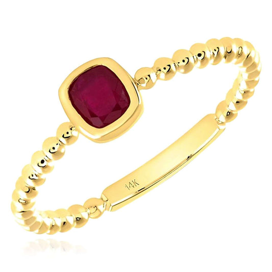 0.15CT Natural Red Ruby Real 14K Gold Beaded Cushion-Cut Stackable Band Ring