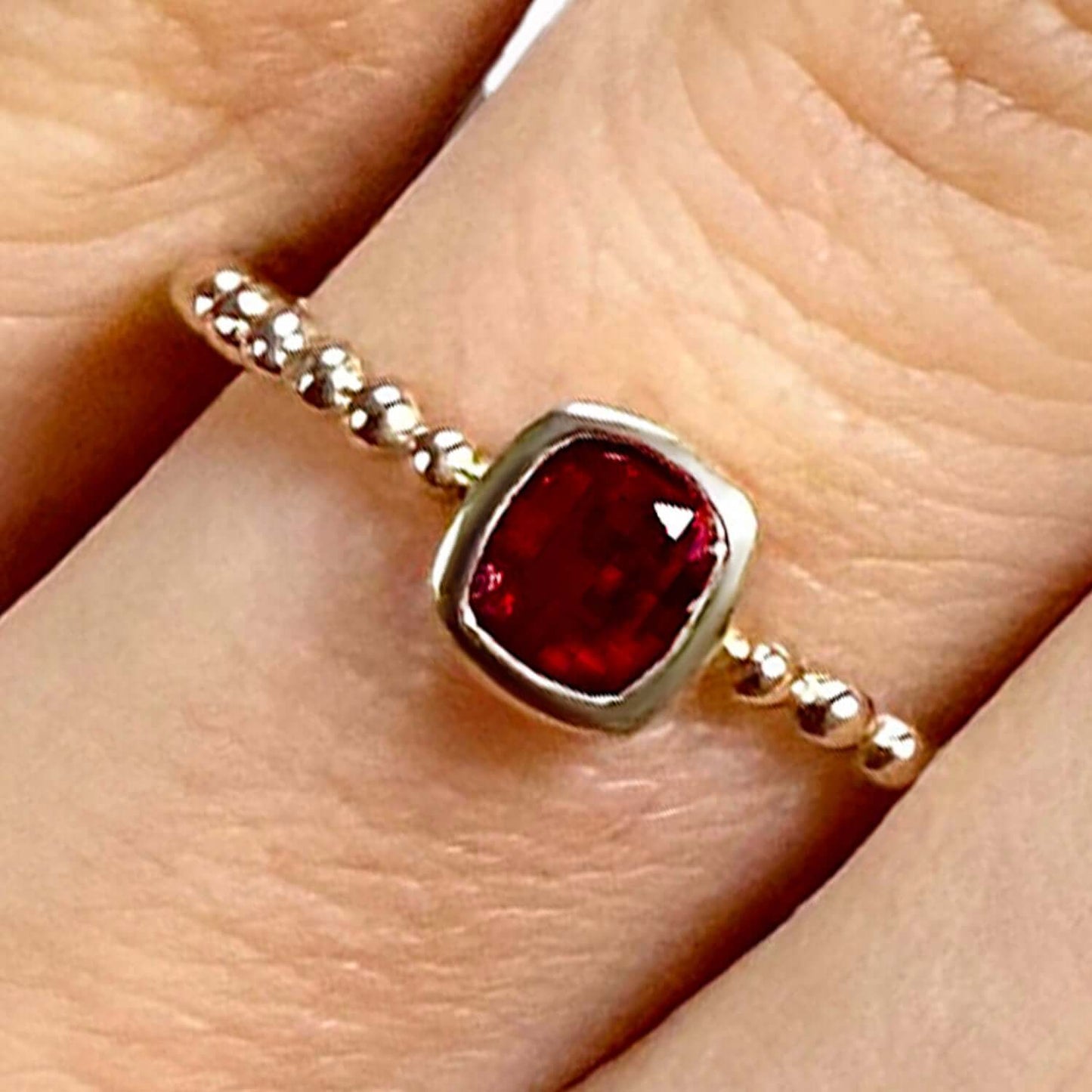 0.15CT Natural Red Ruby Real 14K Gold Beaded Cushion-Cut Stackable Band Ring