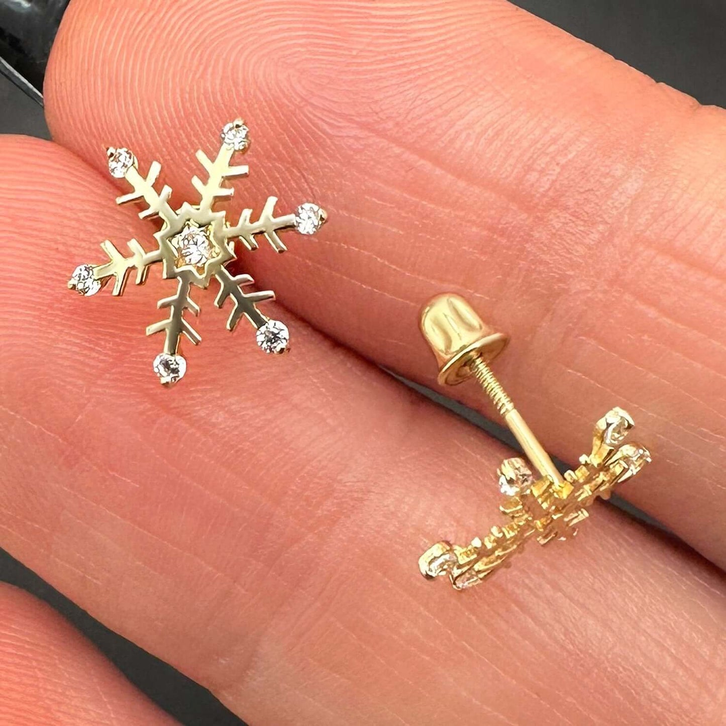 Real 14K Gold Snowflake Stud Earrings Screw Back CZ 11mm