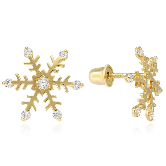 Real 14K Gold Snowflake Stud Earrings Screw Back CZ 11mm