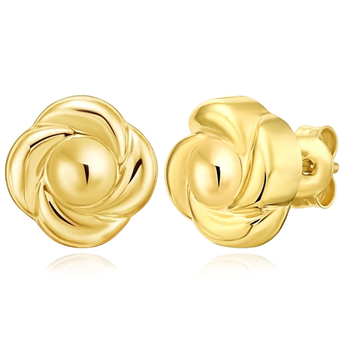 Real 14K Gold Swirl Flower Rose Stud Push Back Earrings 9.5mm