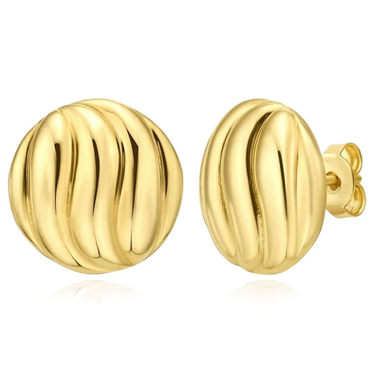 Real 14K Gold Ribbed Swirl Button Dome Stud Push Back Earrings 12.7mm