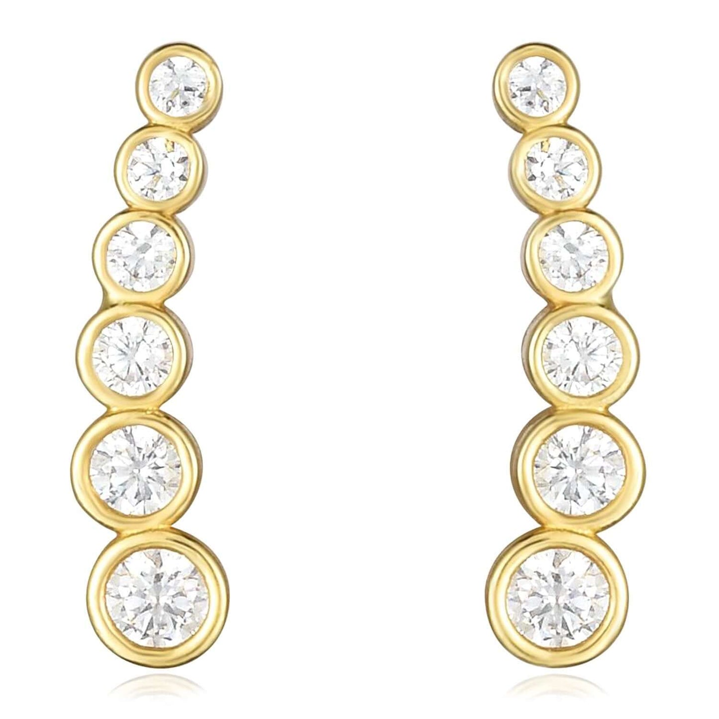 Real 14K Gold Yellow Round CZ Bezel-Set Ear Climber Earrings