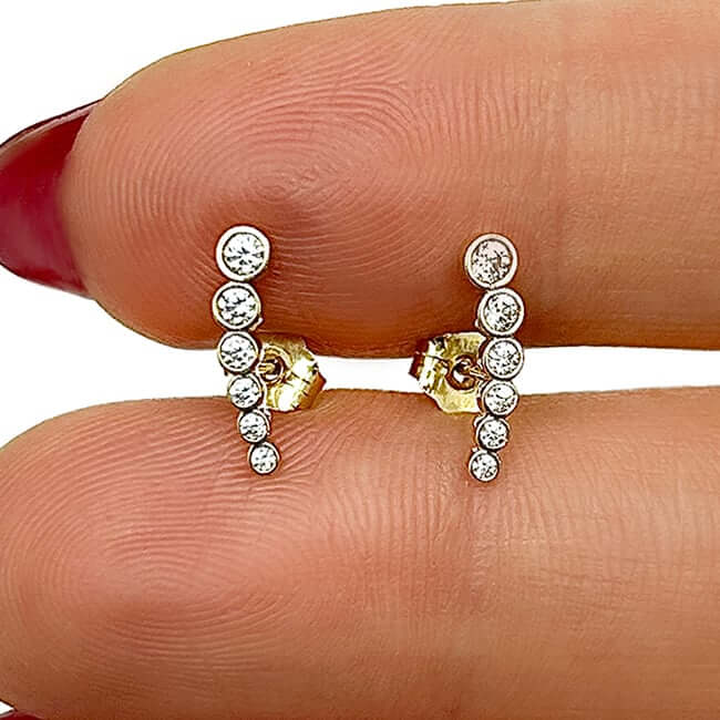 Real 14K Gold Yellow Round CZ Bezel-Set Ear Climber Earrings