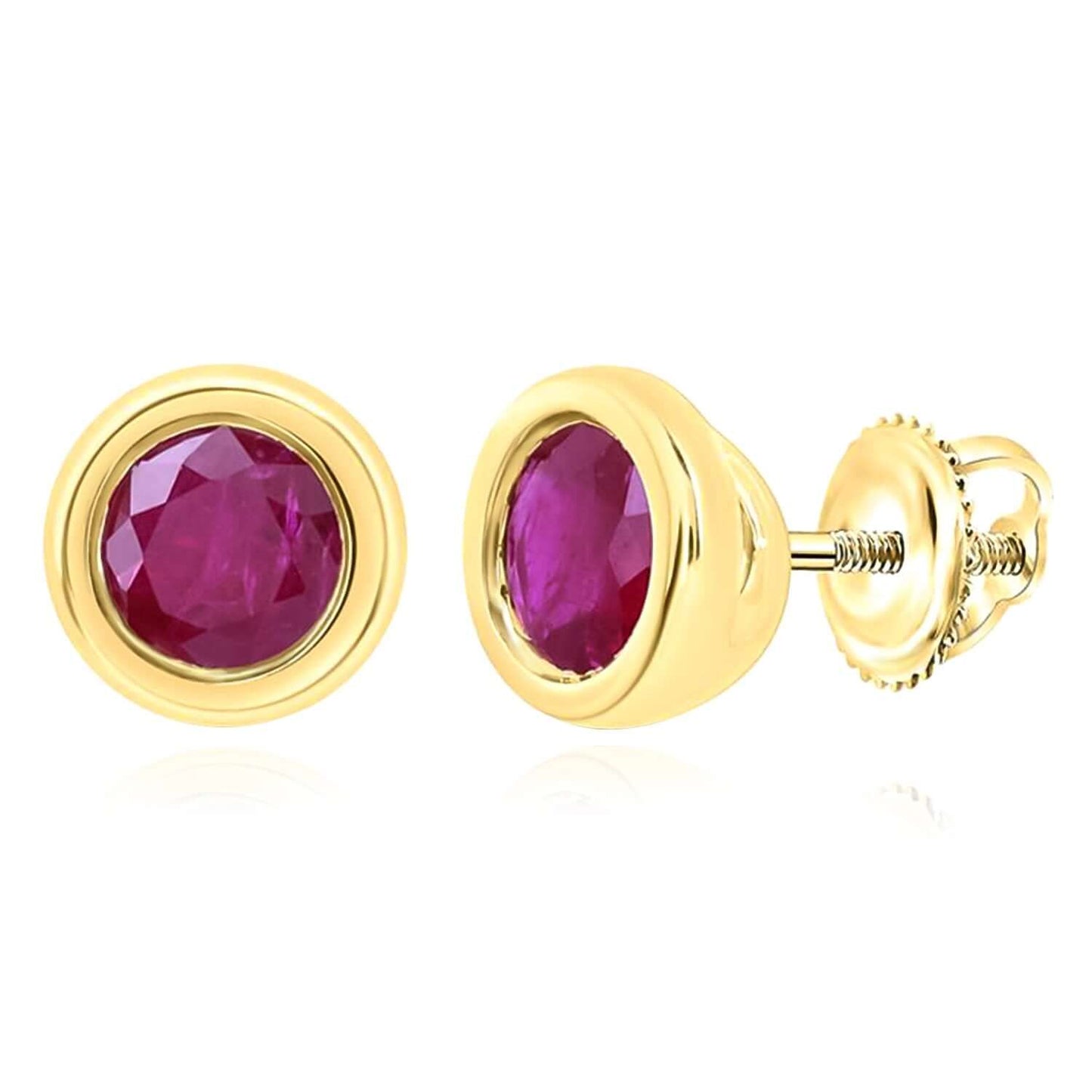 Natural Ruby Real 10K Gold Bezel Stud Earrings Screw Back Yellow, White, Rose