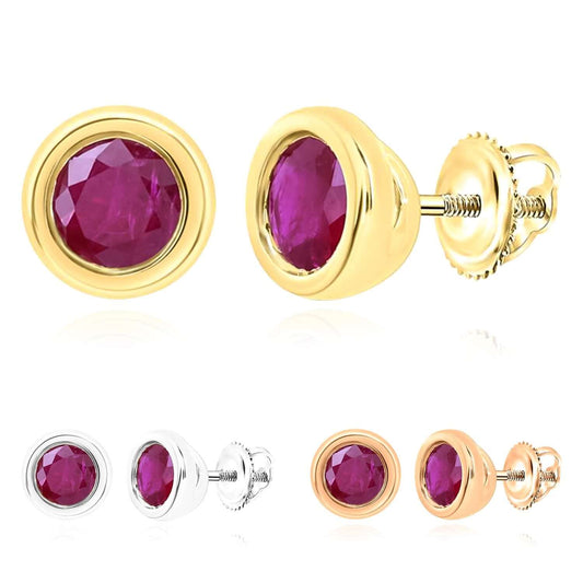 Natural Ruby Real 10K Gold Bezel Stud Earrings Screw Back Yellow, White, Rose