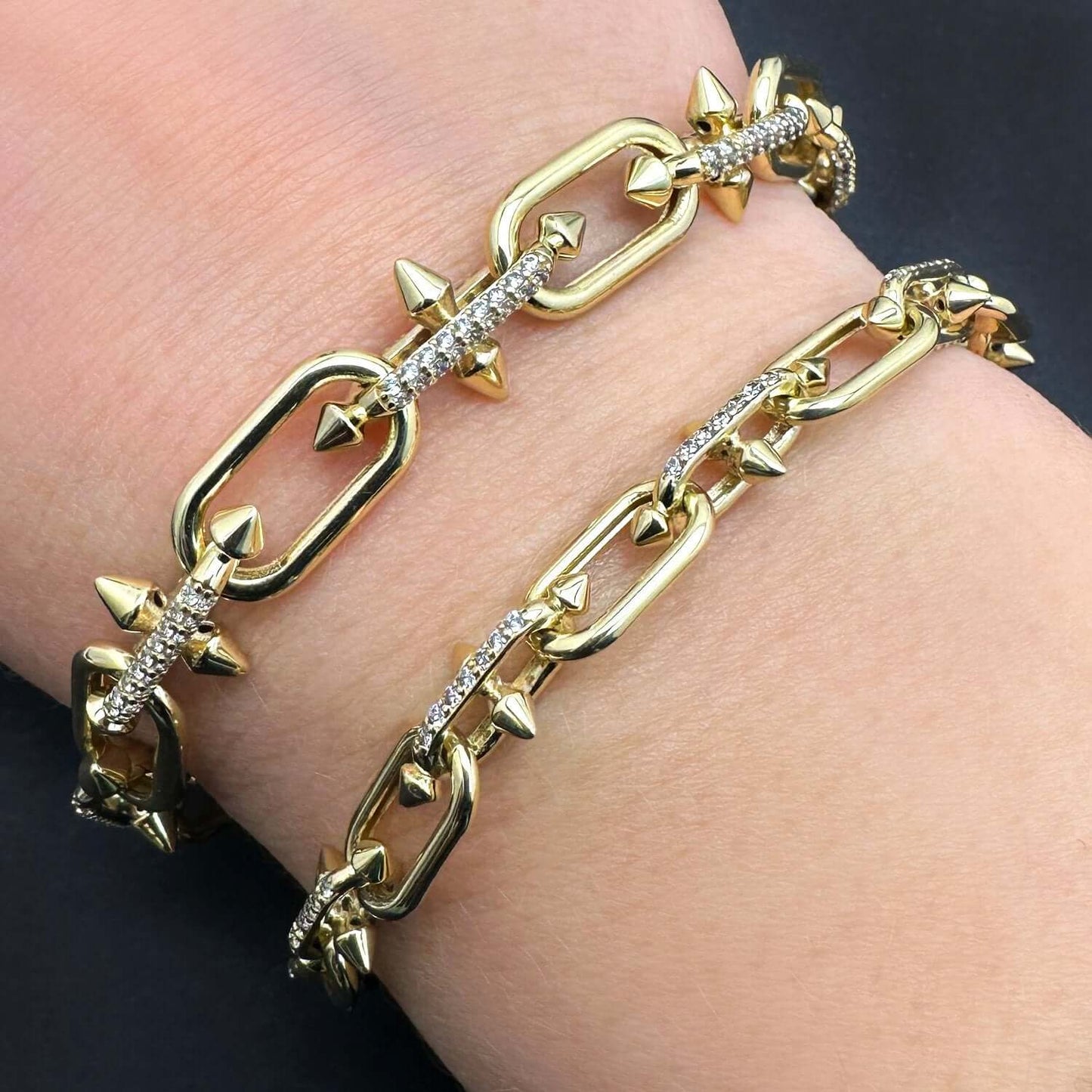 Real 14K Gold Spiked Solid Paperclip Bracelet with CZ Pavé 7.5" Italy