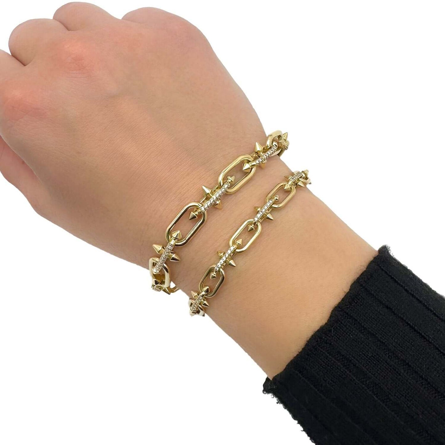Real 14K Gold Spiked Solid Paperclip Bracelet with CZ Pavé 7.5" Italy