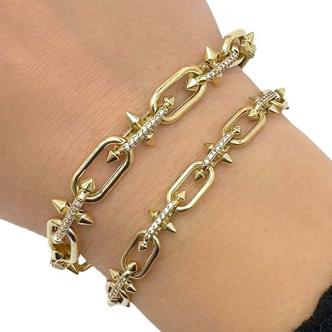 Real 14K Gold Spiked Solid Paperclip Bracelet with CZ Pavé 7.5" Italy