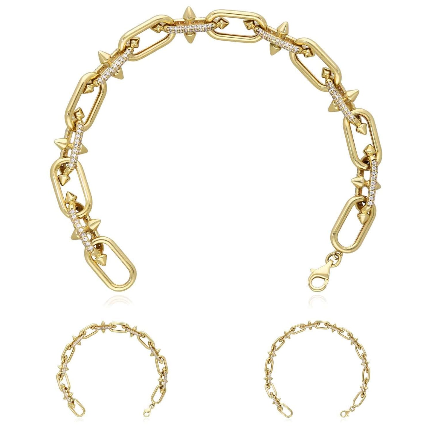 Real 14K Gold Spiked Solid Paperclip Bracelet with CZ Pavé 7.5" Italy