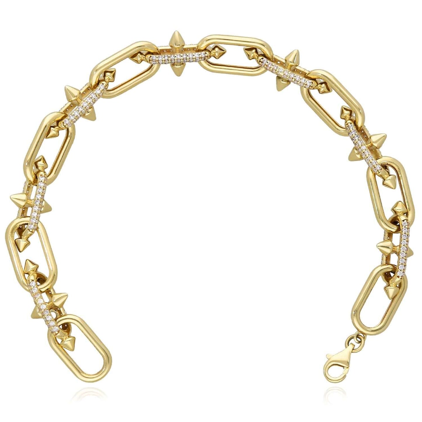 Real 14K Gold Spiked Solid Paperclip Bracelet with CZ Pavé 7.5" Italy