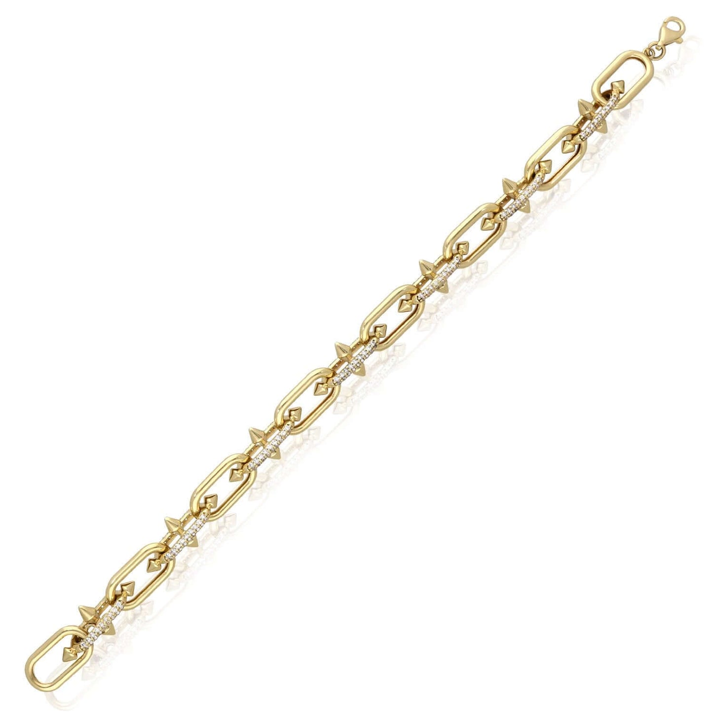 Real 14K Gold Spiked Solid Paperclip Bracelet with CZ Pavé 7.5" Italy