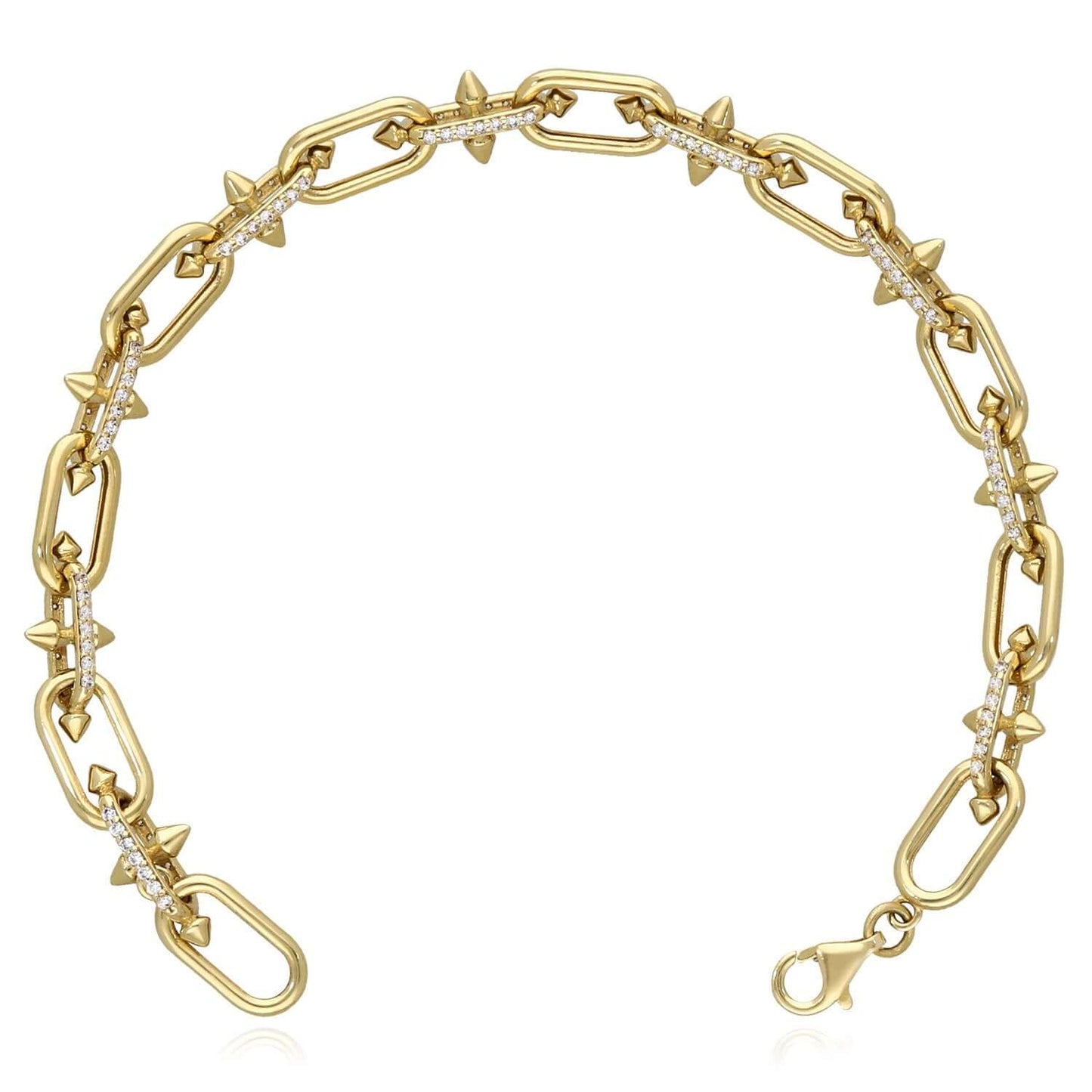 Real 14K Gold Spiked Solid Paperclip Bracelet with CZ Pavé 7.5" Italy