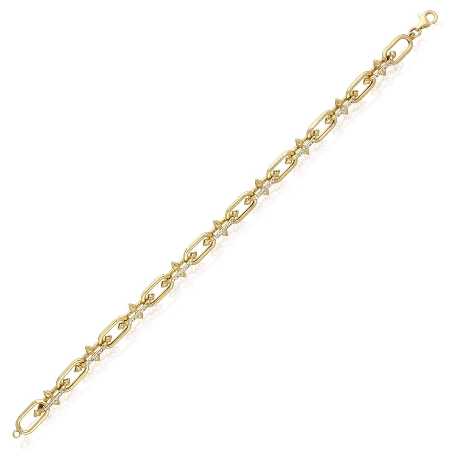 Real 14K Gold Spiked Solid Paperclip Bracelet with CZ Pavé 7.5" Italy