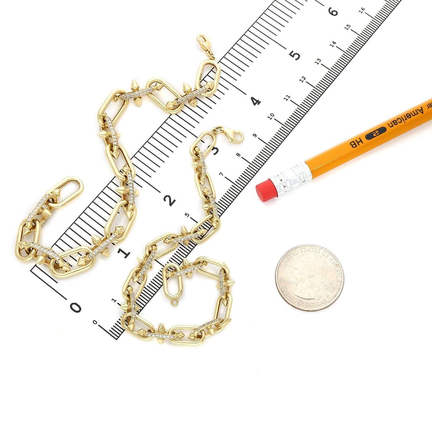 Real 14K Gold Spiked Solid Paperclip Bracelet with CZ Pavé 7.5" Italy