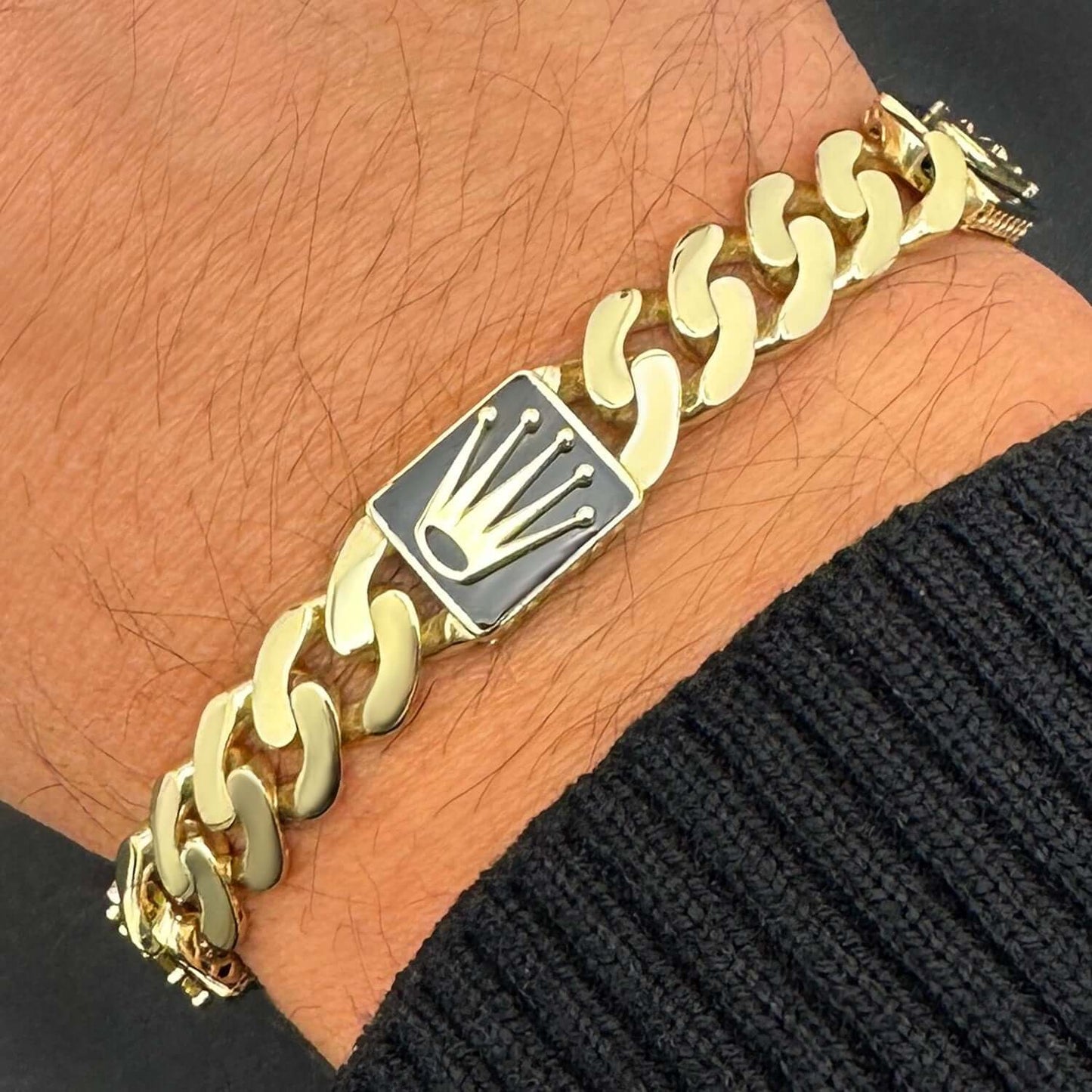 Real 14K Gold 10mm Miami Cuban Royal Crown Bracelet 7.5" Solid CZ Pavé