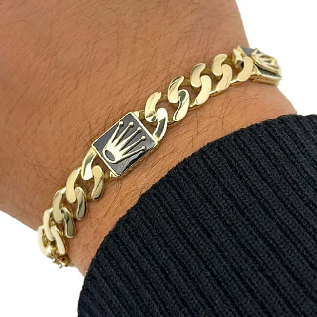 Real 14K Gold 10mm Miami Cuban Royal Crown Bracelet 7.5" Solid CZ Pavé