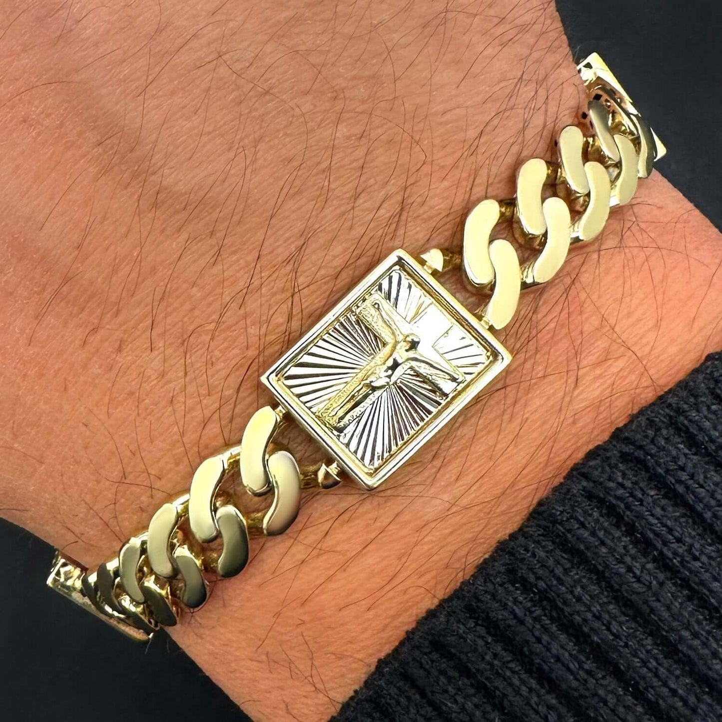 Real 14K Gold 13mm Miami Cuban Jesus Crucifix Bracelet 9" Solid Pavé CZ