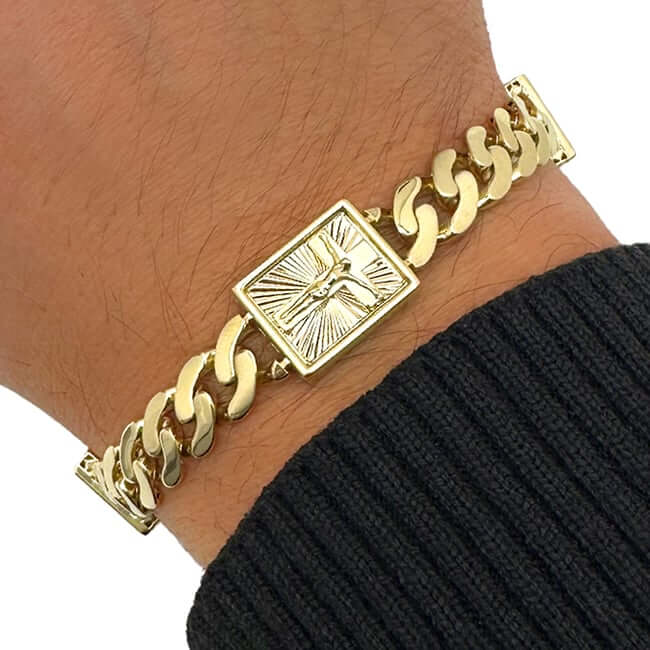 Real 14K Gold 13mm Miami Cuban Jesus Crucifix Bracelet 9" Solid Pavé CZ