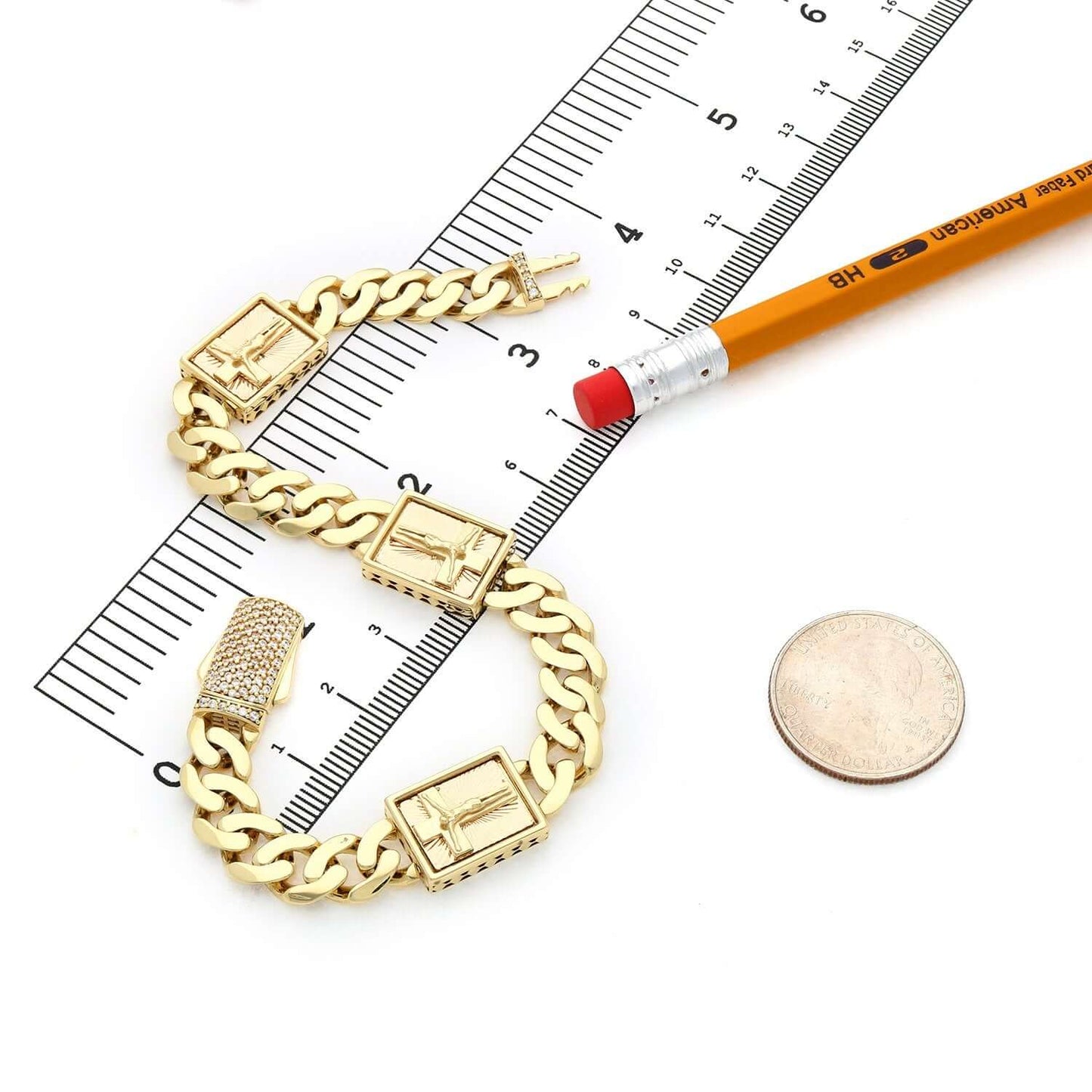 Real 14K Gold 13mm Miami Cuban Jesus Crucifix Bracelet 9" Solid Pavé CZ